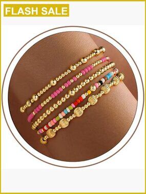 14K Gold Plated Stretch Bracelet Set, 5-Piece Stackable Beaded Bracelets for